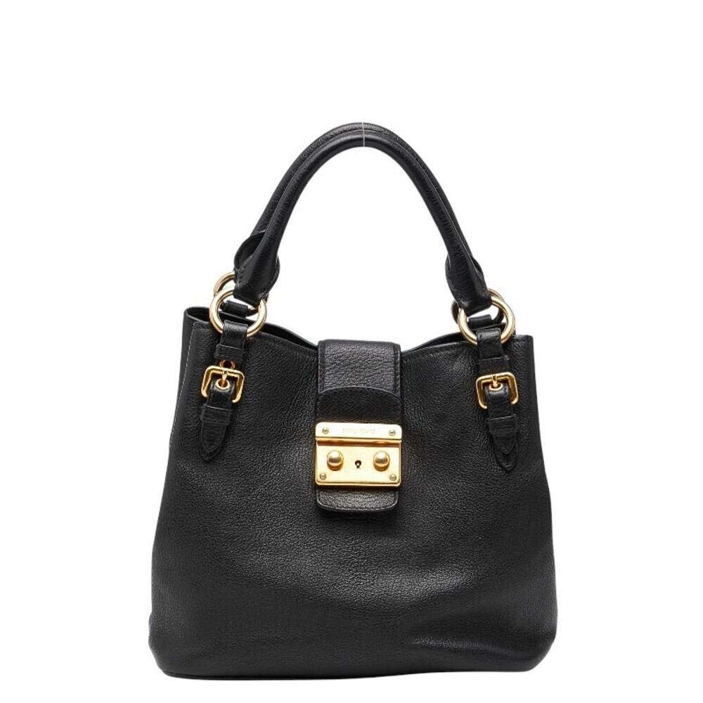 Miu Miu black goatskin leather top handle bag rolled handles front pushlock